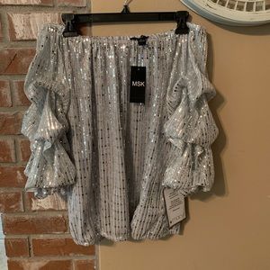 MSK silver sparkle cold shoulder puff sleeve top